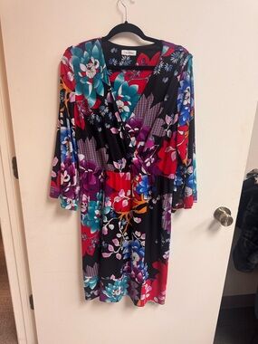 Calvin Klein Black Floral Wrap Dress with Multicolor Blooms
